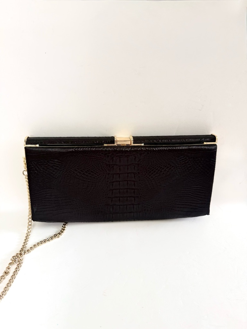 Ted Baker Croc Embossed Structured Box Clutch Gold Chain Crossbody Leather